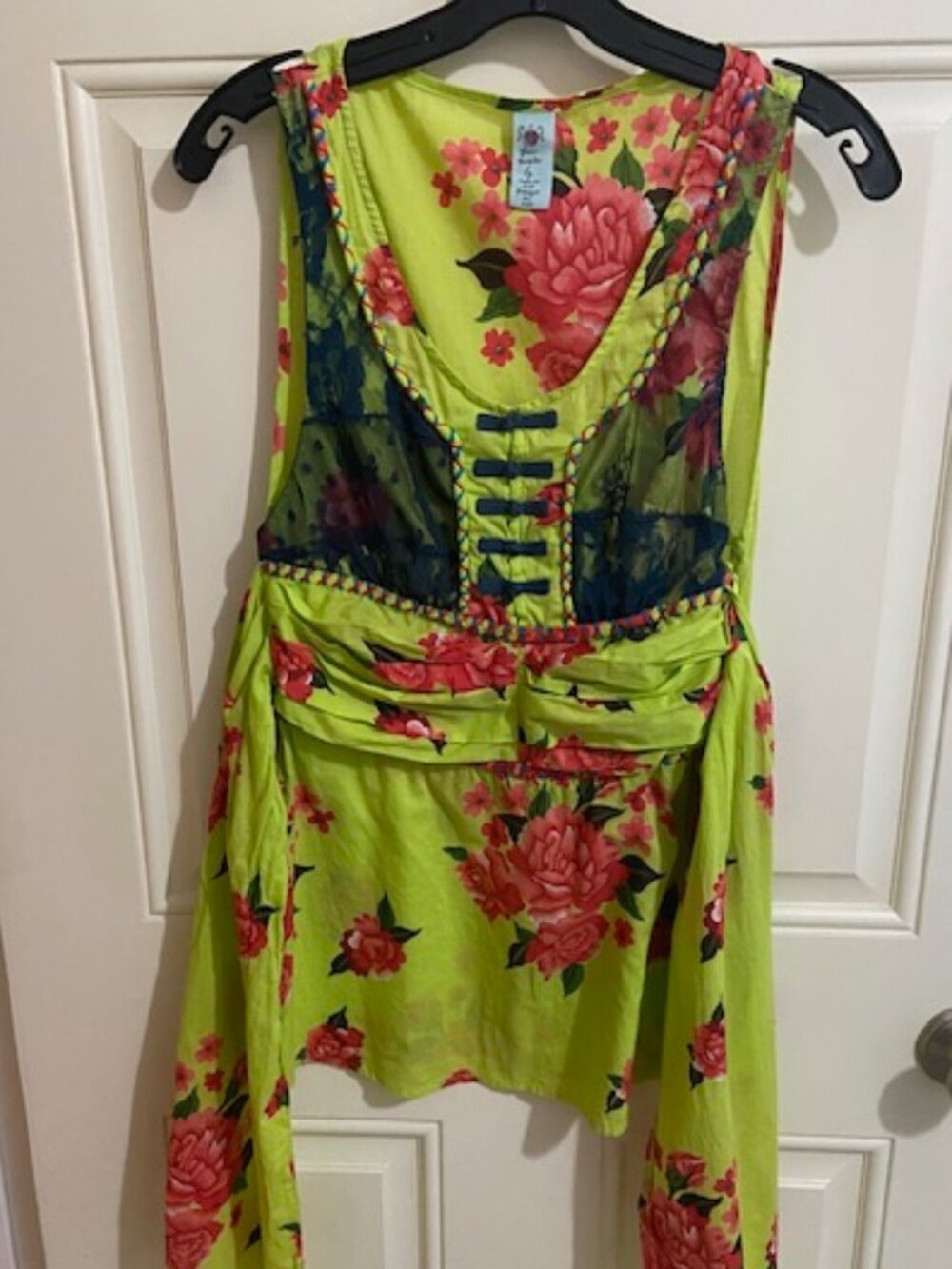 Free People Bright Green & Pink Floral Y2K Boho Sleeveless Top Size 6 - Picture 1 of 12